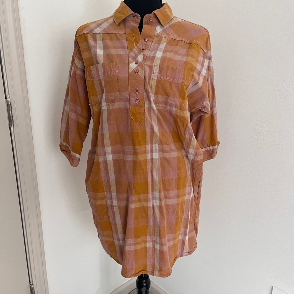 PrAna Organic Cotton Tencel Plaid Shirt Dress‎ Tunic Roll Tab Sleeve Size M